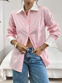 SHEIN Essnce Camisa casual de cuadros rosas y blancos de retazos para mujeres, ropa de mujer, camisa de mujer para primavera y otoño - Rosa - Ver 6