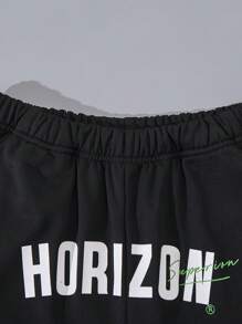 SHEIN 2 件套青少年男童休闲宽松美式字母印花连帽衫和运动裤套装 - 黑色 - 查看 6