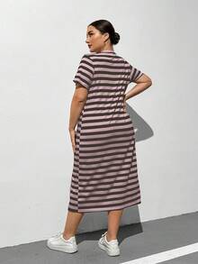 SHEIN Essnce Plus Size Nữ Mùa Hè Áo thun sọc xẻ tà dáng rộng mùa hè - Màu tím hoa cà - Xem 2