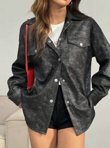 SHEIN EZwear 仿旧牛仔效果纹理超大皮夹克，秋冬 - 黑色 - 查看 6