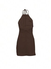 INAWLY Vestito corto estivo da donna con tela solida, collo alto, senza schienale e senza maniche