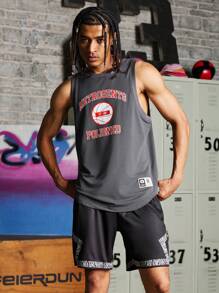 Manfinity Sport Corelite Boyfriend Style Men's Round Neck Sleeveless Letter Character Print Simple Tops For Daily Leisure - Dark Grey - View 5