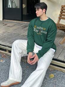 DAZY Men Autumn Lettering Pullover Sweatshirt - Green - View 6