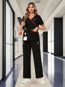 TaskEZ 短袖上衣和長褲對比邊緣制服套裝