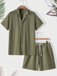 Manfinity VCAY 2 piezas Conjunto casual de unicolor minimalista de camiseta de manga corta y pantalones cortos de punto para hombre - Verde militar - Ver 1