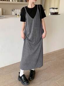 DAZY 女式无袖拼色连衣裙太阳裙，休闲女装 - 黑色 - 查看 7