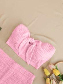 Soleia Solid Color Bandeau Top & High Waisted Shorts Texture Set For Summer - Pink - View 4