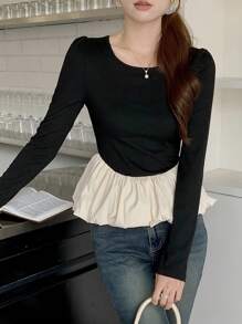 DAZY Women Crew Neck Colorblock Long Sleeve T-Shirt,Ruffle,Fall Clothes