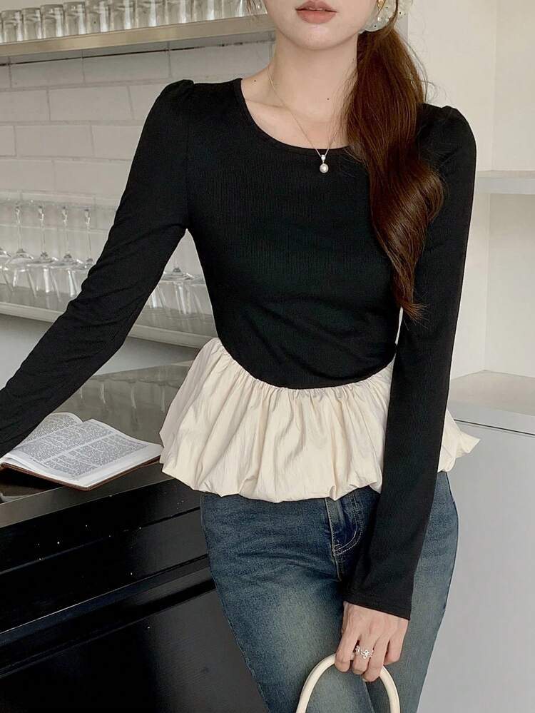 Women Crew Neck Colorblock Long Sleeve T-Shirt,Ruffle,Fall Clothes