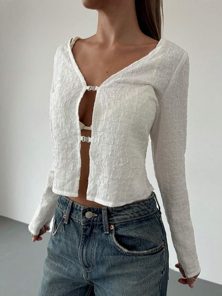 Aloruh 全新纹理面料性感深 V 领休闲衬衫