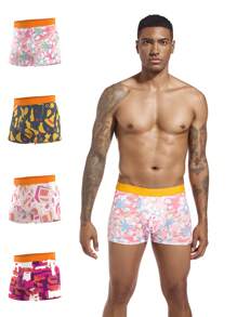 4pcs/Pack Men's All-Over Print Contrast Color Boxer Briefs - Multicolor - View 2