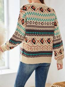 EMERY ROSE Women's Multicolor Jacquard Long Sleeve V-Neck Cardigan