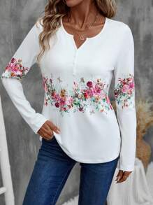 EMERY ROSE Women Floral Print Notch Neck Long Sleeve T-Shirt - White - View 5