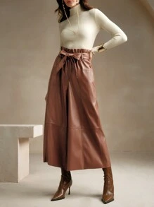 Anewsta 女士棕色休闲高腰阔腿皮裤