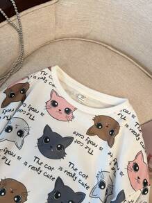 SHEIN Leap Crew 少女寬鬆休閒舒適的套頭衫，貓咪圖案長袖和圓領設計 - 白色 - 查看 7