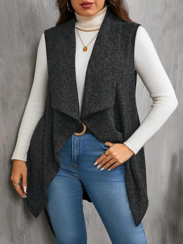 SHEIN Clasi Chaqueta sin mangas con cuello vuelto, abertura frontal y bajo asimétrico en unicolor para mujer talla grande para otoño e invierno