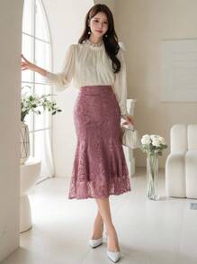 DAZY Gonna lunga ed elegante da donna con volant e motivo a coda di pesce in pizzo