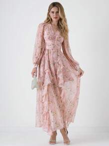 Enchnt 女士花卉印花 V 领荷叶边长袖连衣裙 - 粉色 - 查看 2