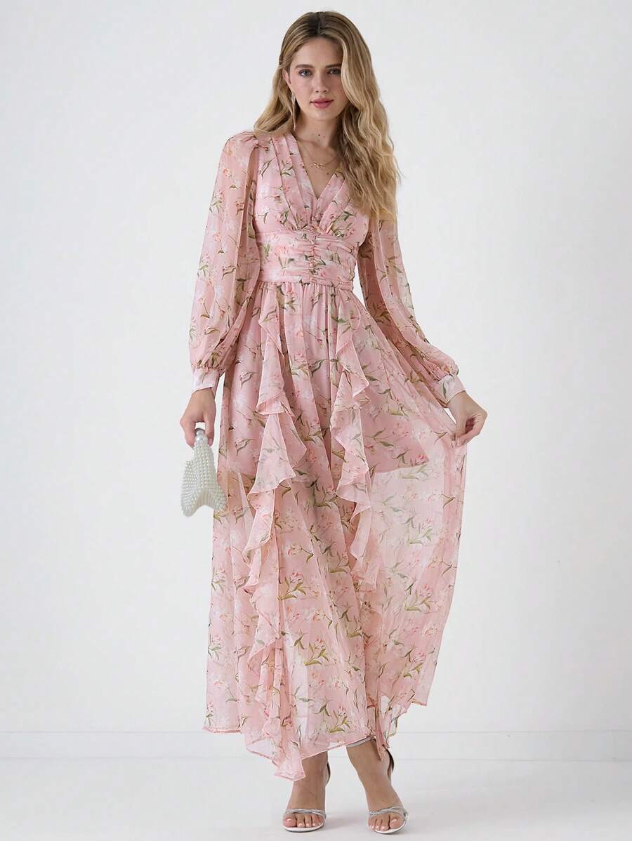 Enchnt 女士花卉印花 V 领荷叶边长袖连衣裙