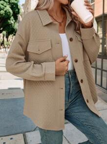 SHEIN LUNE Flap Pocket Drop Shoulder Single-Breasted Casual Travel Spring Autumn Jacket - Khaki - View 1