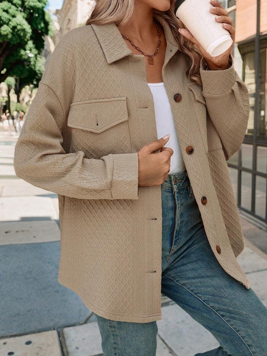 SHEIN LUNE Flap Pocket Drop Shoulder Single-Breasted Casual Travel Spring Autumn Jacket - Khaki - View 1