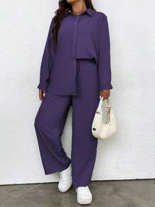 Flirla 2 件大码女式纯色休闲长袖上衣和裤子套装 - 紫色 - 查看 4