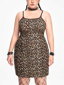 ROMWE Kawaii Plus Size Vintage Hoa hồng ngọt ngào Nơ hoa & Váy cami in họa tiết da báo - màu nâu - Xem 5