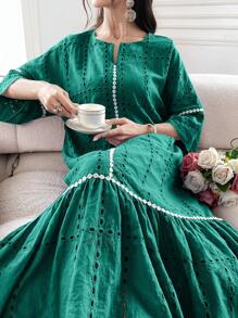 Al Najma 女士拼色简约日常短袖朴素长袖连衣裙 - 綠色 - 查看 4