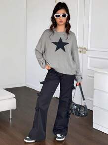 SHEIN Leap Crew 少女宽松圆领长袖纯灰色星形图案针织毛衣 - 灰色 - 查看 5