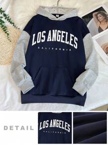 SHEIN Teen Girls Knitted Color Block Loose Casual English Logo Graphic Sweatshirt With Pockets - Multicolor - View 3