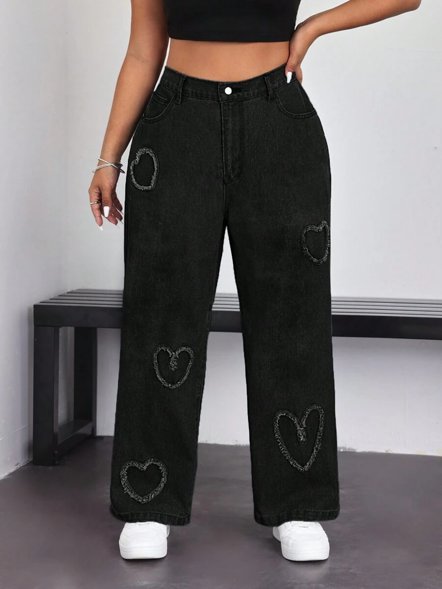SHEIN EZwear Plus Size Heart Graphic Design Button Fly Straight Leg Casual Denim Jeans - Black - View 1