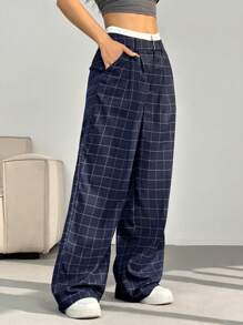 SHEIN EZwear Contrast Color Waistband Plaid Loose Straight Leg Pants With Pockets, Spring/Summer