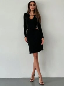 Aloruh 2 件套年轻女士深 V 领长袖短款上衣和及膝铅笔裙套装（带纽扣） - 黑色 - 查看 6