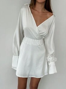 Aloruh Minimalist Commuter White Pique Collared Long Sleeve Puff Sleeve Split Waist Umbrella Hem Mini Dress For Ladies - White - View 8