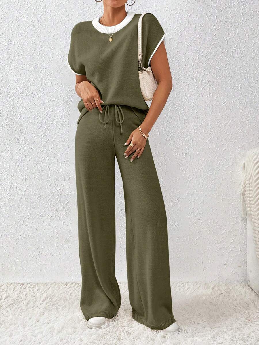 EMERY ROSE 2pcs Women Loose Knit Sweater & Drawstring Pants Coordinate Set - Army Green - View 1