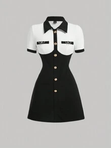 SHEIN MOD Women Elegant Vintage College Style Black And White Color-Block Slim Fit Stand Collar Casual Dress,Old Money Summer Brunch Mini School Clothes - Black and White - View 2