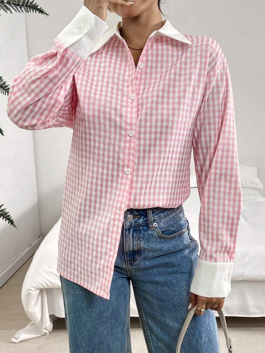 SHEIN Essnce Camisa casual de cuadros rosas y blancos de retazos para mujeres, ropa de mujer, camisa de mujer para primavera y otoño - Rosa - Ver 1