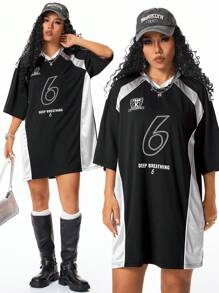 SHEIN EZwear Damen Lässiges T-Shirt Kleid mit Kontrastfarben Patchwork und Drop Shoulder Ärmeln - Verschiedenfarbig - Übersicht 3
