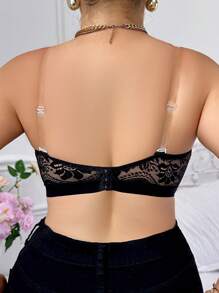 1pc Plus Size Black Lace Wireless Bandeau, Lingerie - Black - View 2