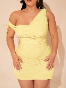 SHEIN BAE Plus Size Nữ Màu Trơn Mùa Hè Đen Co Giãn Đan Tập Hợp Bất Đối Xứng Thiết Kế Thắt Nút Một Vai Đầm Ngắn - Màu vàng - Xem 7