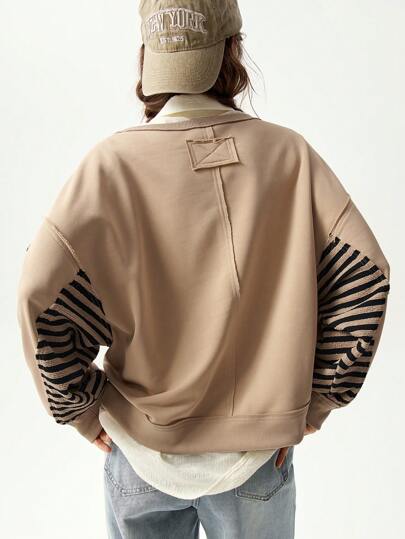 Bohemela Oversized Women Striped Round Neck Dropped Shoulder Long Sleeve Casual Sweatshirt