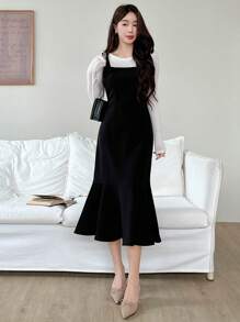 DAZY Vestido de sirena sin mangas de cuello cuadrado sólido para mujer, con volantes, ropa de otoño - Negro - Ver 4