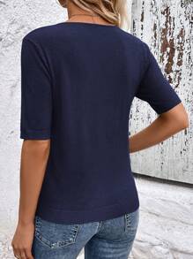SHEIN Clasi Plain V-Neck Short Sleeve Casual Basic Sweater - Navy Blue - View 2
