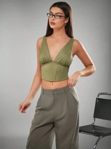 SHEIN Unity Áo hai dây hở vai cổ chữ V sâu gợi cảm cho mùa hè - xanh quân đội - Xem 5