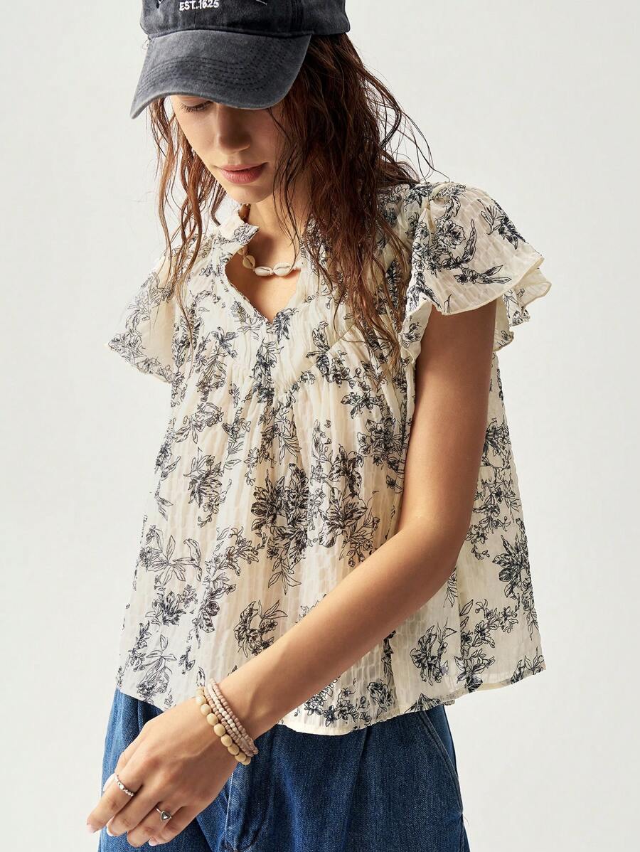 Bohemela Women's Vacation Floral Pattern Blouse - Apricot - View 1