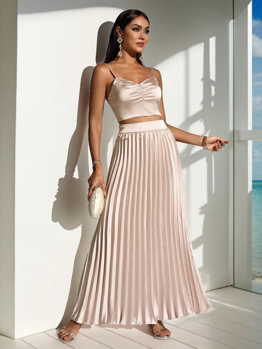 Zolique Top tipo cami sólido plisado y falda plisada para fiesta de cena - Albaricoque - Ver 1