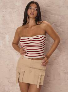 Zolique 女士夏季休闲条纹修身抹胸针织衬衫