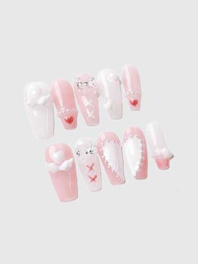 Kawaii 10 pezzi di unghie finte con farfalle e cuori di perle finte, 1 rotolo di nastro per unghie, adatto per San Valentino