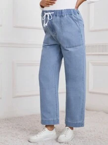 SHEIN Maternity Drawstring Waist Side Pockets Straight Loose Casual Jeans - Medium Wash - View 3
