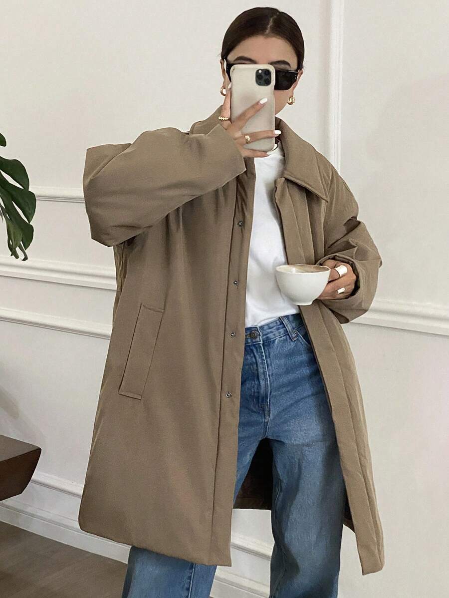 DAZY 女士纯色简约休闲长袖棉衣，冬季女装，冬季外套女夹克 - 卡其色 - 查看 1